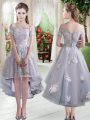 Silver Off The Shoulder Neckline Appliques Dress for Prom Cap Sleeves Lace Up