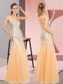On Sale Orange Tulle Zipper Sweetheart Sleeveless Floor Length Prom Gown Beading