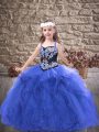 High Quality Royal Blue Straps Neckline Embroidery and Ruffles Kids Pageant Dress Sleeveless Lace Up