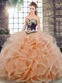 Latest Ball Gowns Sleeveless Peach 15th Birthday Dress Sweep Train Lace Up