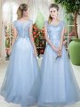 Clearance Cap Sleeves Tulle Floor Length Lace Up in Light Blue with Lace
