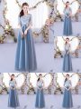 Blue A-line Tulle Scoop Half Sleeves Lace Floor Length Lace Up Dama Dress for Quinceanera