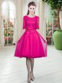 Fuchsia Lace Up Homecoming Dress Lace Half Sleeves Knee Length