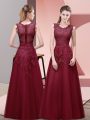 Exquisite Burgundy Tulle Zipper Prom Party Dress Sleeveless Floor Length Lace and Appliques and Belt