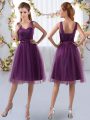 Wonderful Purple Tulle Zipper V-neck Sleeveless Knee Length Bridesmaid Dresses Appliques