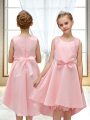 Gorgeous Pink Satin Zipper Flower Girl Dresses for Less Sleeveless High Low Lace and Bowknot
