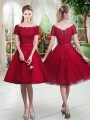 Discount Wine Red Short Sleeves Appliques Knee Length Evening Dress