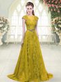 Elegant Gold A-line Beading and Lace and Appliques Party Dress Wholesale Zipper Tulle Cap Sleeves