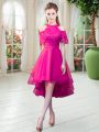 Short Sleeves Tulle High Low Zipper Prom Dresses in Hot Pink with Lace