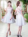 Free and Easy Short Sleeves Tulle Knee Length Zipper Dress for Prom in White with Appliques