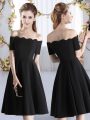Fantastic Black A-line Satin Off The Shoulder Short Sleeves Ruching Knee Length Zipper Vestidos de Damas