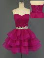 Clearance Fuchsia A-line Beading and Ruffled Layers and Ruching Prom Evening Gown Lace Up Tulle Sleeveless Mini Length