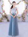 Floor Length Lace Up Quinceanera Court of Honor Dress Blue for Prom and Party and Wedding Party with Lace