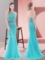 Beading Prom Evening Gown Aqua Blue Backless Sleeveless Sweep Train