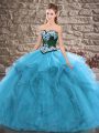 Floor Length Lace Up Sweet 16 Dresses Blue for Sweet 16 and Quinceanera with Beading and Embroidery