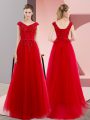 Floor Length Red Evening Dress V-neck Short Sleeves Sweep Train Lace Up