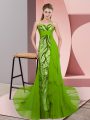 Green Zipper Dress for Prom Beading and Lace Sleeveless Sweep Train