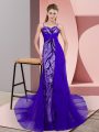 Classical Purple Column/Sheath Tulle Spaghetti Straps Sleeveless Beading and Lace Zipper Evening Dress Sweep Train