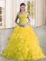 Cute Sleeveless Sweep Train Lace Up Beading and Lace and Ruffles Quinceanera Gowns