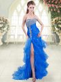 Blue Organza Lace Up Sweetheart Sleeveless Prom Dress Sweep Train Beading and Ruffled Layers