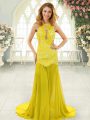 Brush Train Mermaid Prom Party Dress Yellow Scoop Chiffon Sleeveless Backless