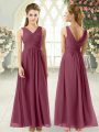 Burgundy Chiffon Zipper Homecoming Dress Sleeveless Ankle Length Ruching