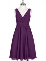 Charming Knee Length Zipper Dress for Prom Purple for Prom and Party and Military Ball with Pleated