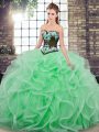 Superior Apple Green Sleeveless Sweep Train Embroidery and Ruffles 15th Birthday Dress