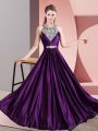 Excellent Halter Top Sleeveless Prom Party Dress Floor Length Beading Purple Satin
