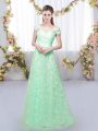 Apple Green Tulle Lace Up Dama Dress Cap Sleeves Floor Length Appliques