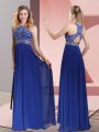 Artistic Sleeveless Beading and Lace Criss Cross Prom Dresses with Blue Sweep Train