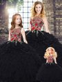 Luxury Floor Length Black 15th Birthday Dress Organza Sleeveless Embroidery and Ruffles