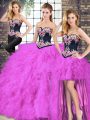 Fuchsia Tulle Lace Up Sweetheart Sleeveless Floor Length Vestidos de Quinceanera Beading and Embroidery