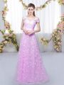 Custom Designed Lilac Cap Sleeves Floor Length Appliques Lace Up Bridesmaid Dresses