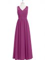 Pretty Fuchsia Sleeveless Floor Length Lace and Ruching Backless Homecoming Dress