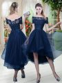 Navy Blue Off The Shoulder Lace Up Lace Prom Dress Short Sleeves