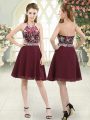 Burgundy A-line Chiffon Halter Top Sleeveless Beading Knee Length Zipper