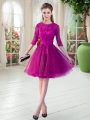 Flirting Half Sleeves Knee Length Lace Zipper Dress for Prom with Fuchsia