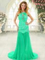 Inexpensive Turquoise Sleeveless Lace Backless Prom Evening Gown
