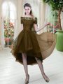 Tulle Off The Shoulder Short Sleeves Lace Up Lace Prom Dresses in Brown