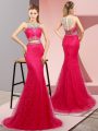 Classical Scoop Sleeveless Tulle and Lace Prom Evening Gown Beading Sweep Train Lace Up