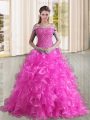 Fuchsia A-line Off The Shoulder Sleeveless Organza Sweep Train Lace Up Beading and Lace and Ruffles Quinceanera Gowns