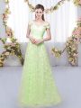 Yellow Green Lace Up Off The Shoulder Appliques Bridesmaid Gown Tulle Cap Sleeves