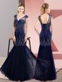 Ideal Floor Length Navy Blue Prom Party Dress V-neck Sleeveless Lace Up