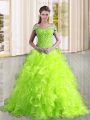 Latest Yellow Green Lace Up Quinceanera Gown Beading and Lace and Ruffles Sleeveless Sweep Train