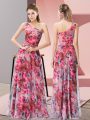 Sophisticated Multi-color Empire Printed One Shoulder Sleeveless Pattern Floor Length Zipper Prom Gown