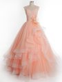 Floor Length Lace Up 15 Quinceanera Dress Peach for Military Ball and Sweet 16 and Quinceanera with Ruffles