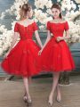 Off The Shoulder Short Sleeves Prom Gown Knee Length Lace Red Tulle