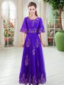 Captivating Purple A-line Tulle Scoop Half Sleeves Lace Floor Length Lace Up Evening Dress