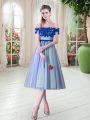 Traditional Blue Tulle Lace Up Off The Shoulder Sleeveless Tea Length Prom Dress Appliques